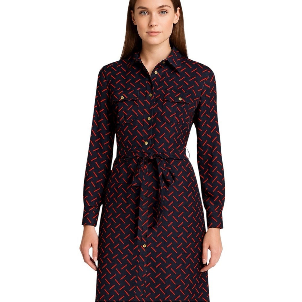 zabeth McKay 100% Silk Shirt Dress Navy Red Print Sz 10